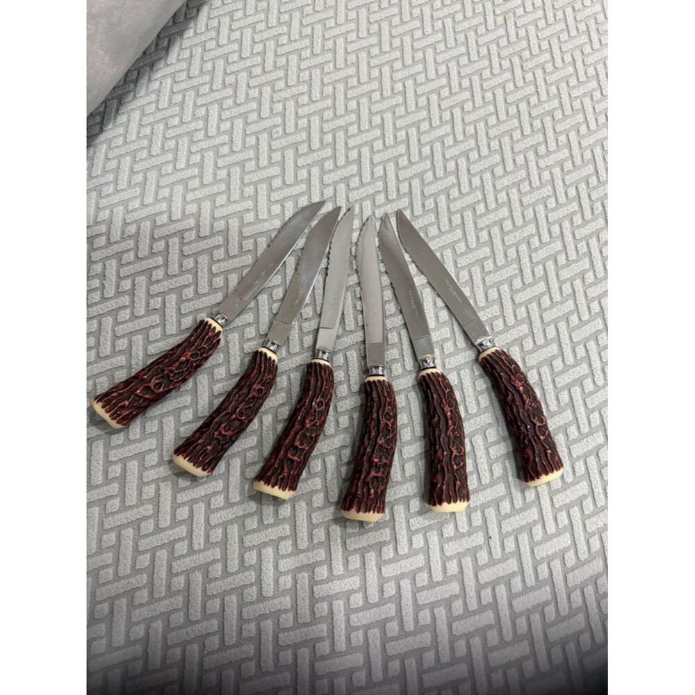 Steak Knives  Vintage Faux  Antler  Set Of 6 Made in Japan Stainless Steel